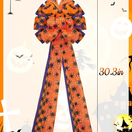 Large Halloween Tree Topper Bow - Christmas Tree Decor Bow with 3 Various Ribbons, Hanging Halloween Tree Ornaments with Ties for Home Front Door Stair Holiday Party, Orange