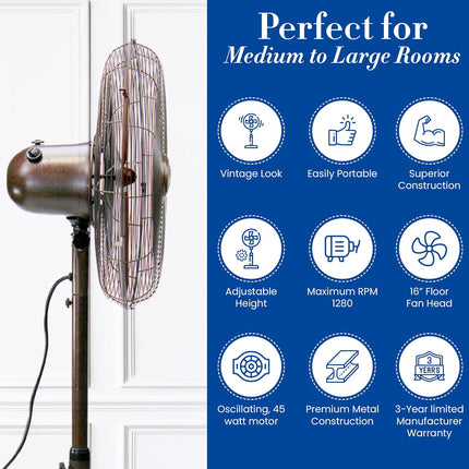 Decobreeze Pedestal Standing Fan, 3 Speed Oscillating Fan With Adjustable Height, Kipling, Antique Fan, 16 Inches