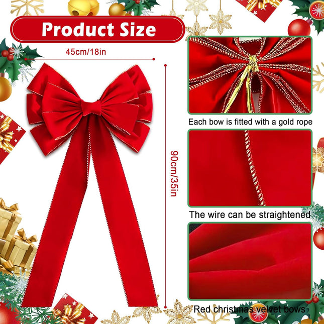 Red Christmas Large Velvet Bows: 36" x 18" Golden Edged Velvet Bow - Christmas Tree Topper Ornament Bow for Christmas Tree Wreath Door and Fireplace Decoration (6, Red)