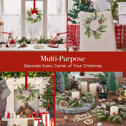 Christmas Candle Rings-4pcs Mini Small Christmas Wreaths for Kitchen Cabinets- Frosted Cedar Christmas Candle Rings Wreaths for Pillars/Window/Chair Wall-Christmas Table Centerpieces Decorations