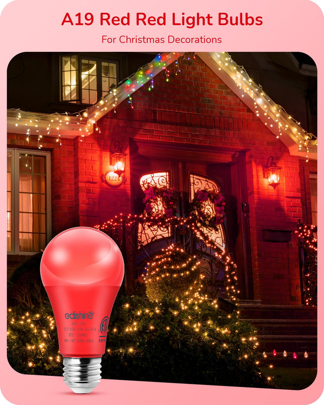 EDISHINE Christmas Red Light Bulbs, 14W Red LED Bulb Equivalent 100W Colored Light Bulbs, E26 Base A19 Light Bulb for Christmas Decoration, Holiday Lighting, Porch Patio, 4 Pack