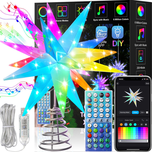 Christmas Star Tree Topper, 13Inch Smart Lighted Treetop Christmas Tree Decorations, Bluetooth App Control Music Sync Color Changing LED Christmas Light with Remote, Indoor and Outdoor