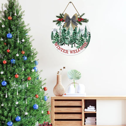 VELLOW Winter Front Door Welcome Sign, Merry Christmas Wooden Welcome Door Sign, Christmas Winter Pine Tree Welcome Wreath 12x12 inches