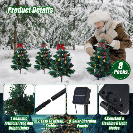 Libima 8 Pcs Solar Powered Christmas Tree Stake Lights Outdoor Decorations Waterproof with Bow Tie Red Berries Bells for Xmas Patio Yard Garden Pathway Cemetery Grave, Constant and Flashing Modes