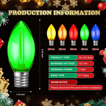 Retisee 100 Pcs C9 Replacement Bulbs Bulk Colorful C9 Bulbs C9 Christmas Lights Replacement Bulbs Light Bulbs 1W C9 LED Bulb C9/E17 Candelabra Base for Christmas Tree Patio Outdoor String Light