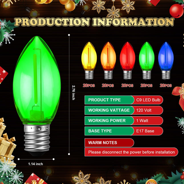 Retisee 100 Pcs C9 Replacement Bulbs Bulk Colorful C9 Bulbs C9 Christmas Lights Replacement Bulbs Light Bulbs 1W C9 LED Bulb C9/E17 Candelabra Base for Christmas Tree Patio Outdoor String Light