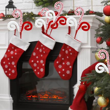 Sggvecsy 6 Pcs Christmas Tree Decoration Candy Cane Woolen Bells Candy Shape Christmas Tree Picks Lollipop Candy Curly Pick Ornaments Xmas Tree Topper for Vase Filler Home Office Decor (Red)