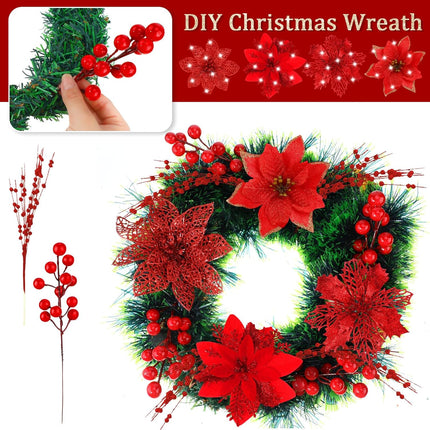 Hotop 48 Pcs 4 Styles Christmas Glitter Poinsettia Artificial Flowers 24,12 Bead Sticks,12 Berries Stems Gold Christmas Tree Ornament with Clips and Stem for Xmas Wedding Wreath Decoration (Red)