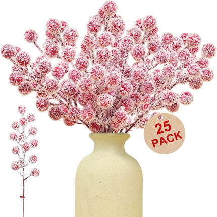 25 Pack Snowy Red Berry Stems Waterproof Frosted Holly Berry Artificial Fruits Christmas Picks Sprays for Christmas Tree Decorations Xmas Ornaments Wedding Floral Craft Winter Home Decor