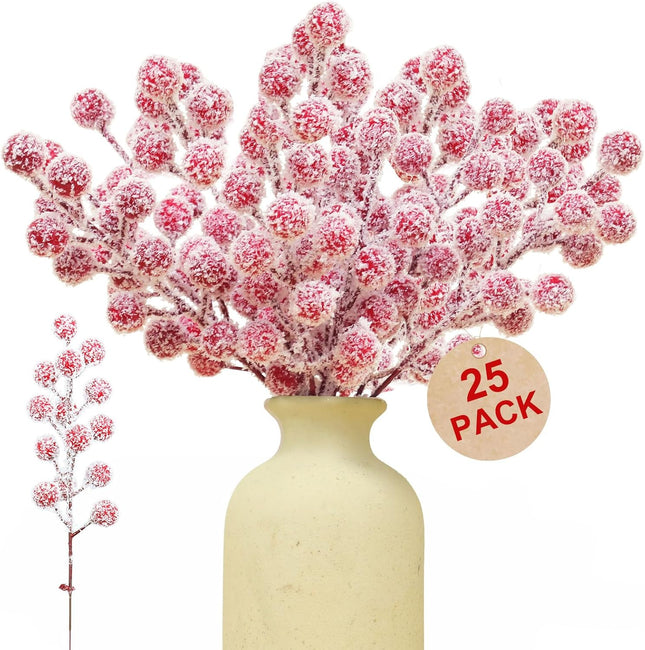 25 Pack Snowy Red Berry Stems Waterproof Frosted Holly Berry Artificial Fruits Christmas Picks Sprays for Christmas Tree Decorations Xmas Ornaments Wedding Floral Craft Winter Home Decor