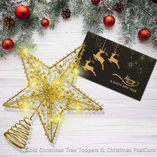 Golden Christmas Tree Star with Christmas Cards, 12" Golden Glittered 20 Bulbs Gold Bead Strand Design, 5-Point Natural Capiz Star Lighted Handmade Christmas Treetop, Christmas Ornament Tree Topper