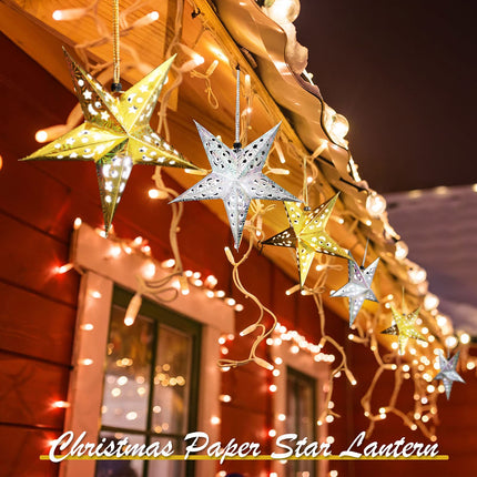 10 Pcs Christmas Paper Star Lantern Lampshade 3D Paper Star Hanging Decoration Star Light Paper Lanterns with 20 LED Party Light for Xmas Independence Day Party Home Decor (Gold, Silver)