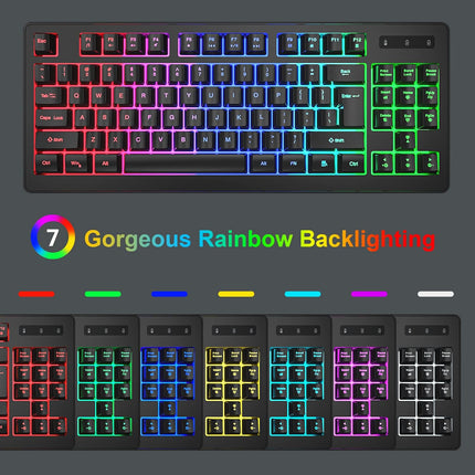 Wireless Gaming Keyboard and Mouse Combo, Long Lasting Rechargeable Battery 87 Keys RGB Rainbow Backlit Gaming Keyboard & Ergonomic Light Up Gaming Mice for Mac Laptop Computer PC Gamer