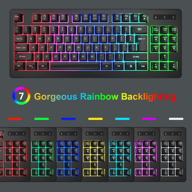 Wireless Gaming Keyboard and Mouse Combo, Long Lasting Rechargeable Battery 87 Keys RGB Rainbow Backlit Gaming Keyboard & Ergonomic Light Up Gaming Mice for Mac Laptop Computer PC Gamer