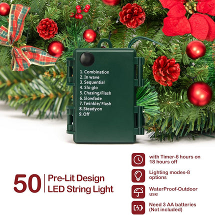 Prelit 9FT Christmas Garland with Berries and Balls,Pine Cone,Golden Flower and 50 Battery Operated Soft White LED Lights with Timer,Artificial Holiday Decoration Door Outdoor (Red)