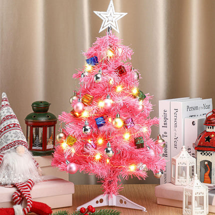 20 Inch Tabletop Mini Christmas Tree Set with LED Lights Artificial Small Christmas Tree DIY Christmas Decor Christmas Tree Ornaments Balls, Star Treetop for Home Indoor Table Desk (Pink)