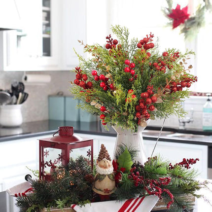 23 Pcs Christmas Artificial Pine Branches with Red Berry Stems, 14" Christmas Tree Branches, Christmas Artificial Flowers for Christmas Tree Wreath Garland DIY Crafts Holiday Home Decoration