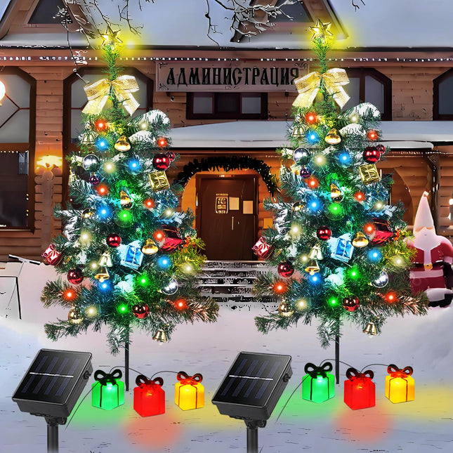 Solar Christmas Tree Decorations Outdoor Lights 2 Pack with 60 LED 44 Xmas Ornaments 6 Lighted Boxes 8 Modes 30Inch Mini Prelit Christmas Tree for Porch Pathway Yard Grave Cemetery Decor
