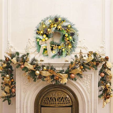 Large Christmas Wreath with Lights, 22 Inch Battery Operated Pre lit Gold Christmas Wreaths and Garland for Front Door Outdoor Indoor Windows Kitchen cabinets Car Pine Wreath Decor