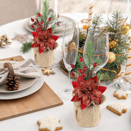 U'Artlines 2Pcs Artificial Christmas Tabletop Decorations, 12.6 Inch Mini Artificial Christmas Tree with Poinsettia Flower Red Berry Pine Branch for Home Table Xmas Party Decoration