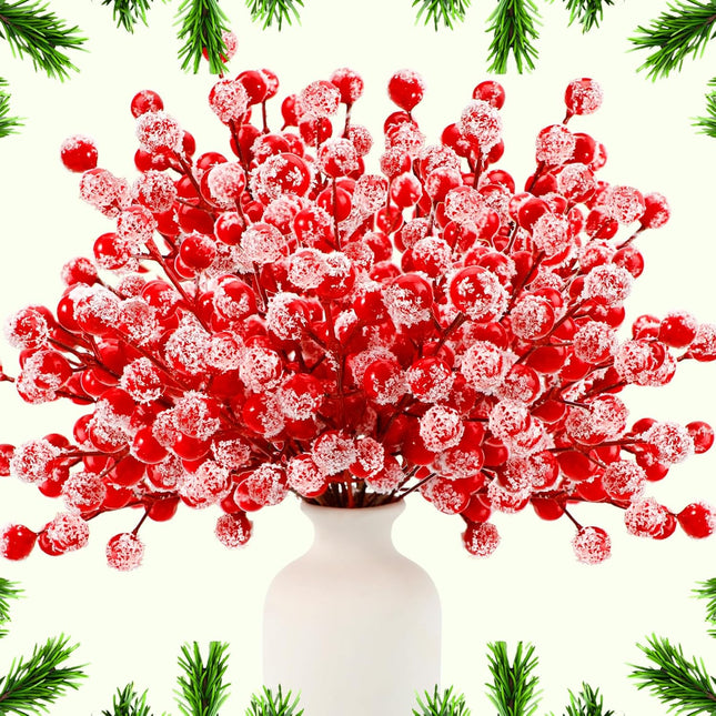 BSTDECOR 36 Pack Artificial Red Berry Stems, Red Berry Christmas Decorations Christmas Berry Picks Snow Flocked Spray Holly Berry Branches for Xmas Tree Wreath DIY Crafts Wedding Winter Home Decor