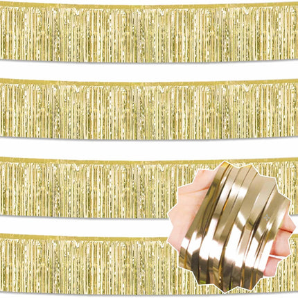 4 Pack 10 Ft Light Gold Foil Fringe Garland Metallic Streamers Tinsel Banner Wall Hanging Garland Backdrop for Parade Floats, Halloween, Christmas, Thanksgiving, Year Party Decorations