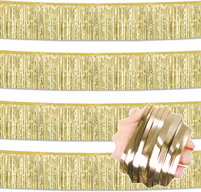 4 Pack 10 Ft Light Gold Foil Fringe Garland Metallic Streamers Tinsel Banner Wall Hanging Garland Backdrop for Parade Floats, Halloween, Christmas, Thanksgiving, Year Party Decorations