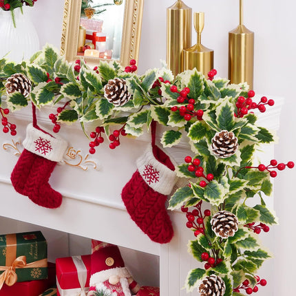 Christmas Garland, 2Pcs Red Berry Garland with Pine Cones, Green Garland Christmas Decorations Indoor, Christmas Tree Garland for Mantle Holly Outdoor Home Table Year Decor