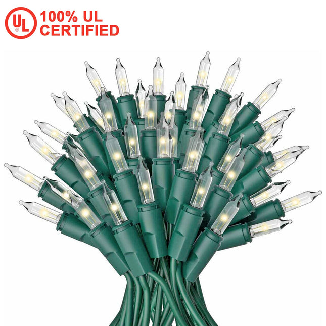 100 Christmas Mini Lights - 24.8 ft / 7.5m - 120V - Warm White Bulbs 2800K - Green Wire - 120V - End to End Connection - Indoor & Outdoor Use - Light Strings for Christmas Tree and Year Decoration