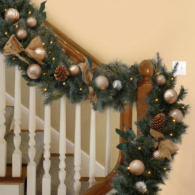 9ft Pre Lit Garland Christmas with Ornaments and 50 Led Lights, Lighted Gold Christmas Garlands for Table Fireplace Stairs Railing Indoor Outdoor Xmas Holiday Garland Battery Operated