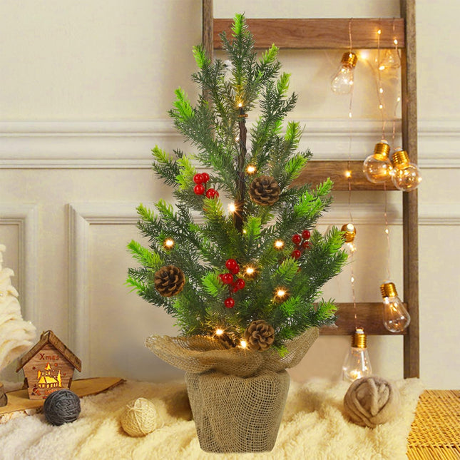 Juegoal 24Inch Pre-lit Christmas Pine Tree, with Warm White Fairy Lights Tabletop Artificial Tree, Small Light up Pine Tree with Burlap Base for Xmas, Spring Home Decorations