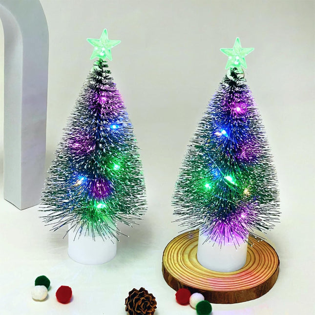 Mini Christmas Tree with Lights, 2 Pcs 7 Inch Multi-Color Artificial Tabletop Small Christmas Tree, Bottle Brush Xmas Trees for Christmas Decorations