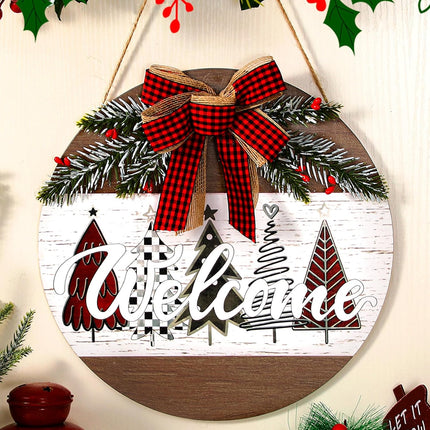 Boao Christmas Door Sign Merry Christmas Welcome Hanging Wall Sign for Front Door 11.8'' Round Xmas Tree Christmas Wreath Wooden Porch Sign with Bow Porch Farmhouse Home Wall Decor(Novel)