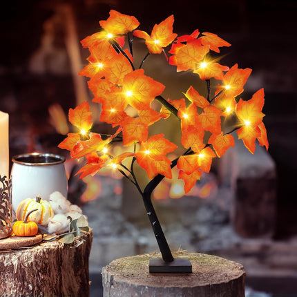 KatchOn, Artificial Maple Tree with Lights - 18 Inch 24 LED Fall Lighted Maple Tree Autumn Trees with Lights, Thanksgiving Decorations Indoor Fall Tree with Lights for Fall Decorations for Home