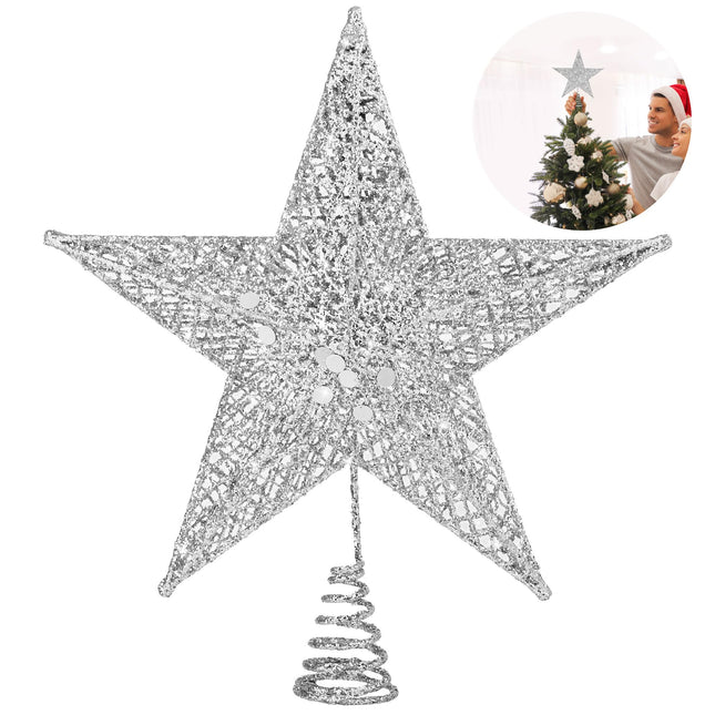 Christmas Tree Topper 6 Inches Metal Glittered Christmas Tree Topper Wire Star Treetop Sparkle Xmas Decoration for Christmas Tree Ornament Indoor Year Holiday Party Supplies (Silver)