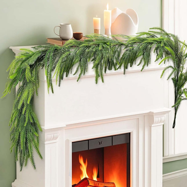 2 Pcs Real Touch Norfolk Pine Garlands 6FT Artificial Pine Greenery Garlands Faux Christmas Garland for Holiday Seasonal Indoor Home Decor Mantle