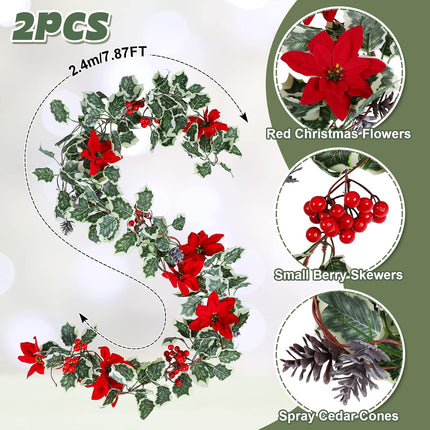 AnyDesign 15.7Ft Christmas Artificial Garlands with Red Poinsettias Berries Holly Leaves and Snowy Pine Cones Faux Vine Hanging Garlands for Winter Xmas Party Home Wedding Frame Backdrop Decor, 2Pcs