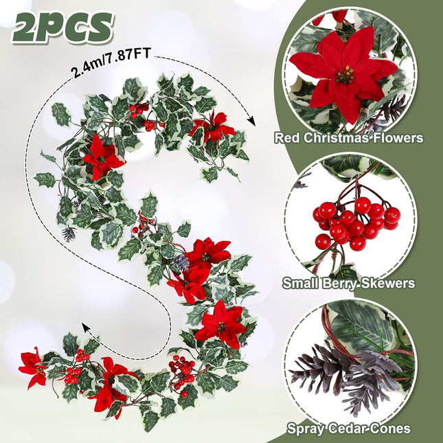 AnyDesign 15.7Ft Christmas Artificial Garlands with Red Poinsettias Berries Holly Leaves and Snowy Pine Cones Faux Vine Hanging Garlands for Winter Xmas Party Home Wedding Frame Backdrop Decor, 2Pcs