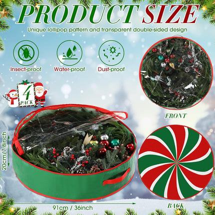 4 Pack Red Green Christmas Wreath Storage Bags Round Lollipop Christmas Tree Storage Container with Clear Window, Dual Zipper and Handles Xmas Artificial Wreath Box for Home(36 Inch)