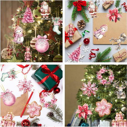 24pcs Pink Christmas Wooden Ornaments Christmas Snowman Santa Elk Garland Wood Decors Christmas Haniging Ornaments Pendants with Ropes for Christmas Tree Home Decor
