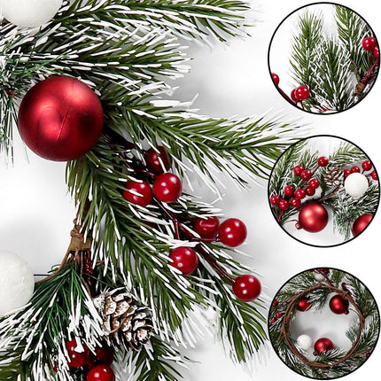 14" Artificial Christmas Mini Wreath Mixed Frosted White Pine Red Berry Xmas Balls Pinecones Accent Candle Rings Wreaths for Winter Fireplace Mantels Home Holiday Centerpiece Table Decorations (Ball)
