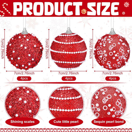 Poen 12 Pcs Christmas Ball Ornaments 2.76 Inch Hanging Pearl Foam Christmas Tree Decorations Glitter Christmas Tree Ornaments Set for Wedding Party Tabletop Wreath Garland Decoration(Red)