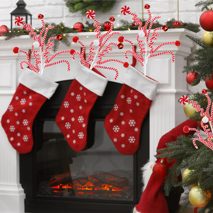 Sggvecsy 4 Pcs Christmas Tree Decoration Candy Cane Woolen Bells Candy Shape Christmas Tree Picks Christmas Bell Curly Picks Ornaments Xmas Tree Topper for Vase Filler Home Office Decor (Red)