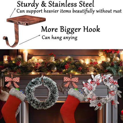Tandefio 4 Pcs Christmas Stocking Holders for Mantle Heavy Duty Stocking Hangers with Protective Pads Cast Iron Xmas Stocking Hooks for Fireplace Home Shelf (Vintage Copper)