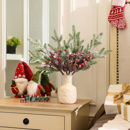 Topotdor 4 Pack Christmas Floral Pine Picks Artificial Red Berry Stems 16.5" Snowy Christmas Pine Branches w/Pinecones for Xmas Tree Floral Arrangement DIY Craft Holiday Table Centerpieces