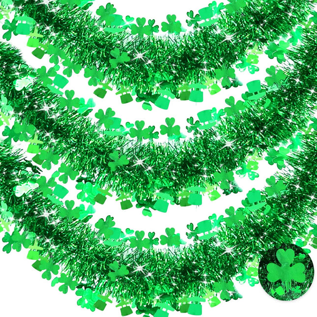 TURNMEON 3 Pack Total 49.2 Ft St.Patrick's Day Tinsel Garlands Decorations DIY Shamrocks Wreath for Front Door Irish Leprechaun Hat St.Patrick's Day Decorations Outdoor Indoor Home,16.4Ft by 4.3" Each