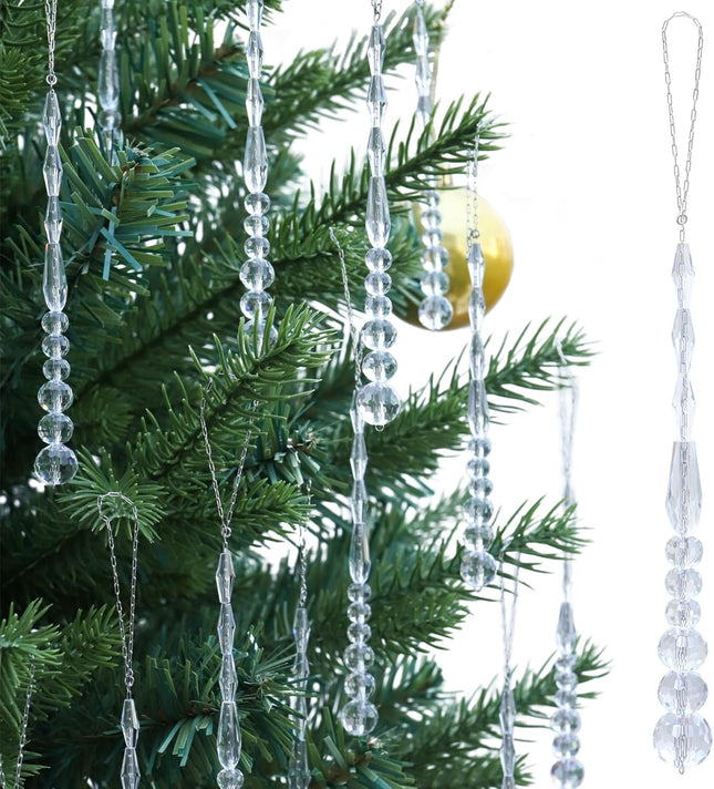 12pcs Crystal Icicle Christmas Tree Ornaments, Glass Beads Hanging Chandelier Pendants for Christmas Party Wedding Winter Decorations (White Clear)