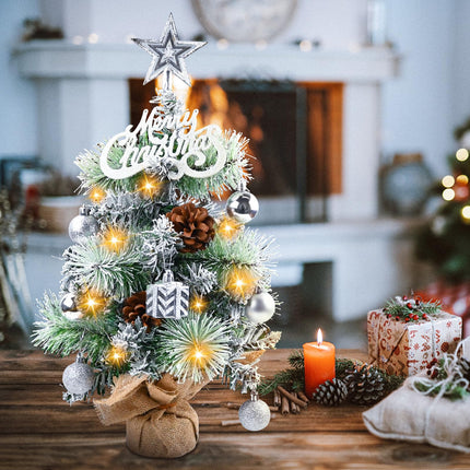 Mini Christmas Tree with Lights，22" Small Christmas Tree with Lights, Startree Topper, Merry Christmas Alphabet, Pine Cones, Hanging Balls for Tabletop, Xmas Decor