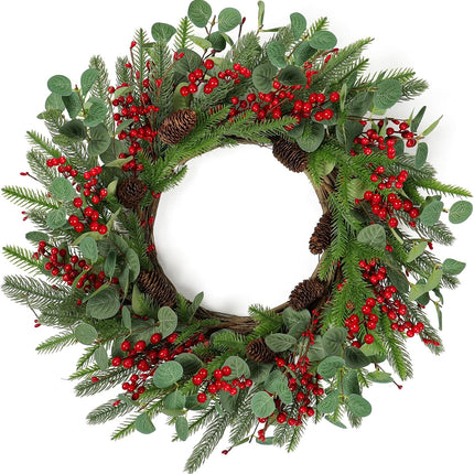 Dremisland 24 Inch Artificial Christmas Wreath for Front Door Xmas Red Berry Wreath with Pine Needles Cones Winter Eucalyptus Wreath Christmas Decorations for Wall Window Home Holiday Xmas Decor