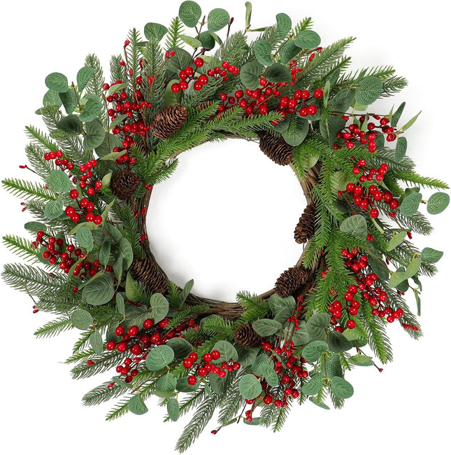 Dremisland 24 Inch Artificial Christmas Wreath for Front Door Xmas Red Berry Wreath with Pine Needles Cones Winter Eucalyptus Wreath Christmas Decorations for Wall Window Home Holiday Xmas Decor